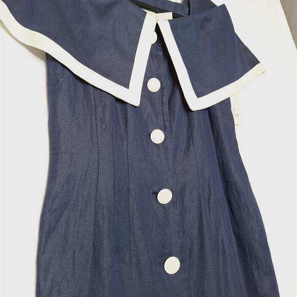 Vintage 90s Courtenay Linen Blend Off Shoulder Midi Shirt Dress M Navy Nautical - Picture 9 of 10